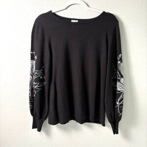 Chicos Sweater Size 1 US M Black White Floral Embroidered Long Sleeve Pullover
